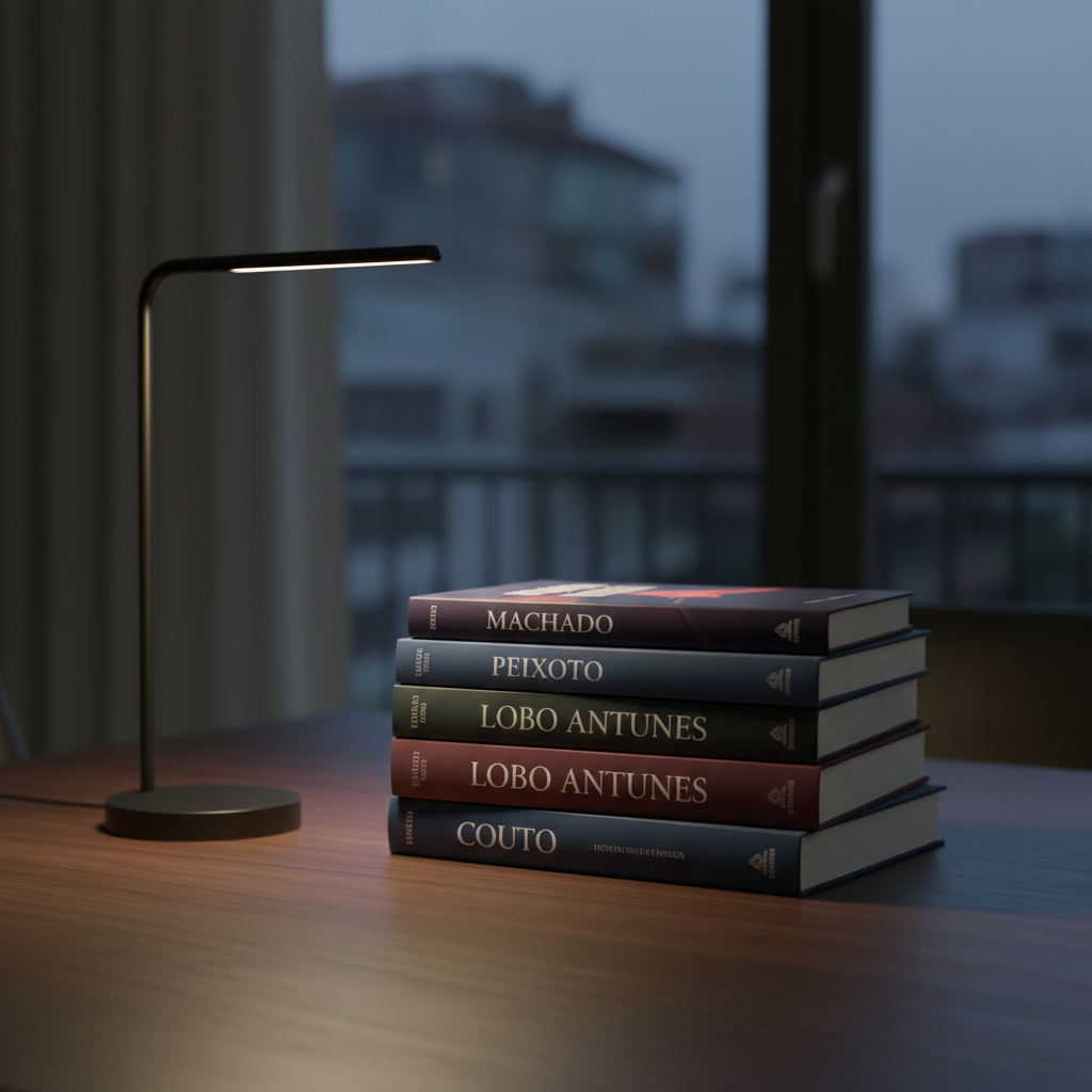 A close-up of a stack of contemporary Portuguese novels, their matte covers in deep blues, burgundies, and charcoal greys, each spine featuring refined serif typography with the author’s name in crisp white. The books rest on a dark walnut table with a subtle satin finish, beside a slim black metal reading lamp with a warm bulb. Soft evening light from the lamp creates a pool of golden illumination, sculpting delicate shadows between the books. Photographic realism, captured from a slightly elevated angle with the stack placed using the rule of thirds. The atmosphere is sophisticated and urban, suggesting a curated literary portfolio of published works.