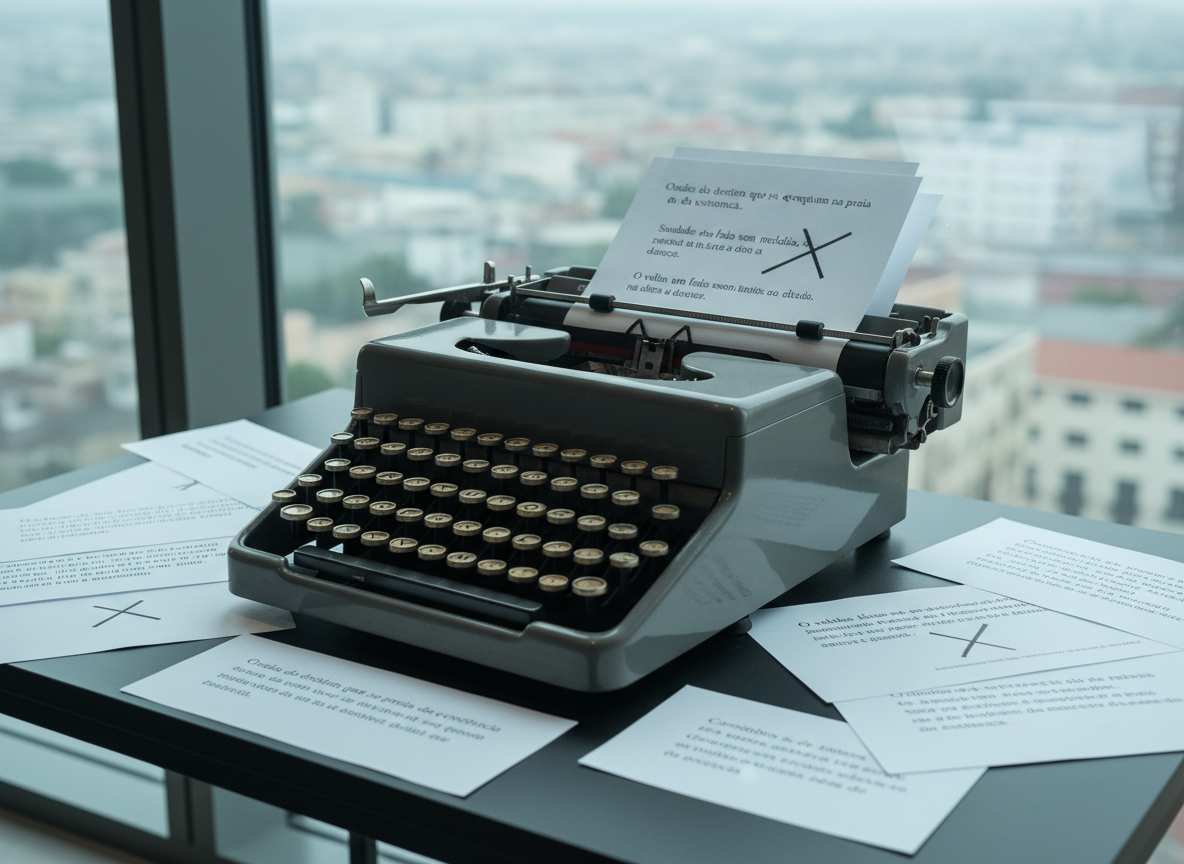 An antique manual typewriter in dark gunmetal grey with round, ivory-colored keys, several pages of freshly typed Portuguese prose curling softly in the platen. Around it lie scattered sheets bearing short fragments of romances, novels, and free verse poetry, some crossed out with precise black ink. The typewriter sits on a minimalist black desk near a tall window overlooking an indistinct cityscape blurred in the background. Cool, diffused overcast daylight spills in, highlighting the metallic details and paper texture. Photographic realism from a three-quarter angle, medium depth of field, with a calm, introspective, and slightly nostalgic atmosphere that hints at the discipline behind contemporary fiction writing.